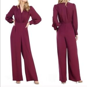 Gal Meets Glam Boysenberry V-Neck Long Sleeve Jumpsuit